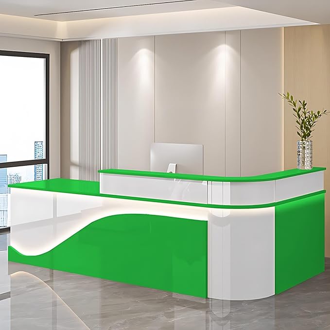 Modern Reception Desk – Front Desk, Reception Counter for Office, Checkout Counter, LED Lighting, Storage, Soft Close Drawers, Custom Logo, Fully Assembled (Q,60IN)