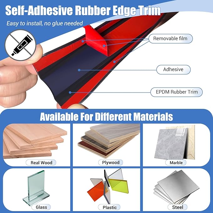 Rubber Edge Trim, Self-Adhesive U Channel Edge Protector for Plywood, Cabinet, 1-1/4" Wood Edge Banding, Flexible Furniture Repair, EPDM Material, Fit 1-1/4"(32mm), Length 20Ft, Black