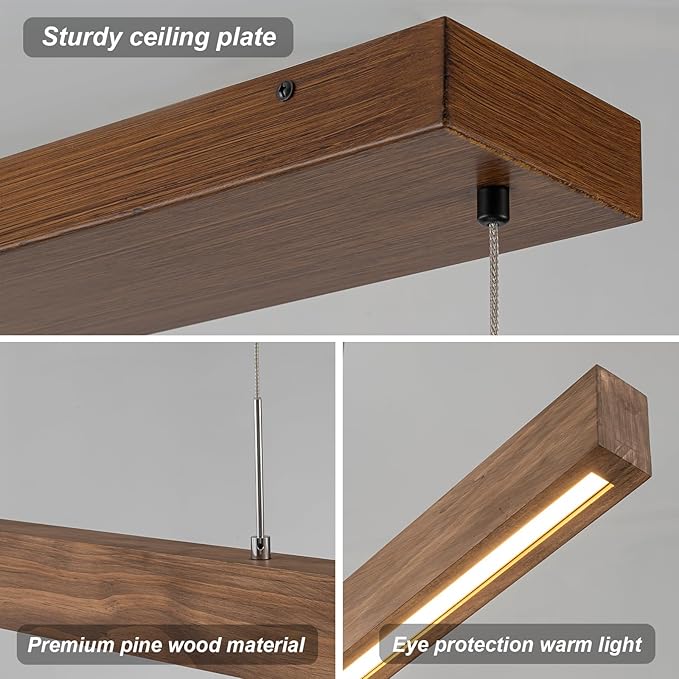 EDISLIVE Wood Linear LED Pendant Light Dimmable LED Chandelier 47.2 in Adjustable Linear Hanging Light Fixture 3000K 25W Island Light for Dinning Room Kitchen