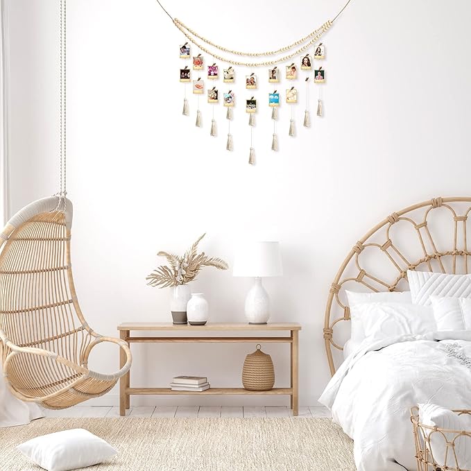 Amyhill Amyhill Hanging Photo Display Boho Macrame Photo Hanging with 24 Wood Wall Clips Macrame Collage Picture Frame with Wooden Beads Double Layer Room Display Decoration Art(Simple Style)