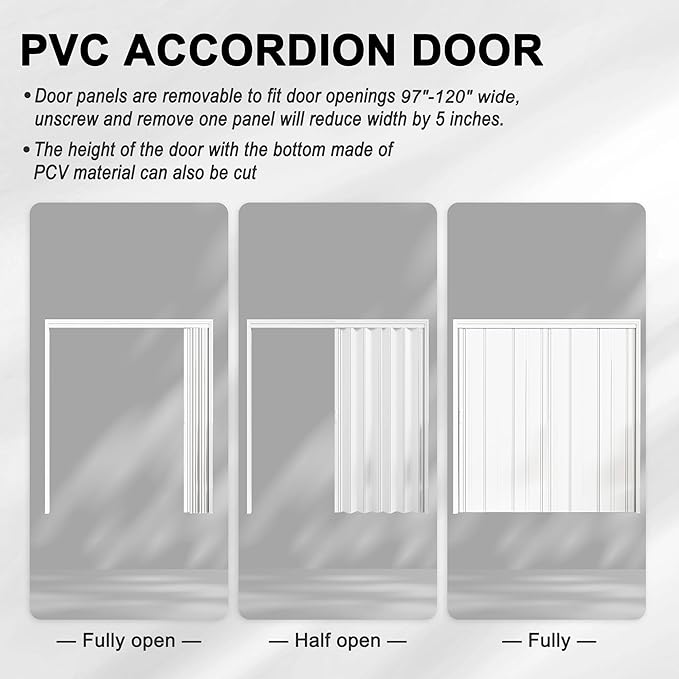 97-120 x 80in (Double 49-60) Accordion Doors Interior Folding Door, 3 Frosted Acrylic Glass PVC Accordion Door with Upgraded Roller & Handle & Complete Hardware for Closet Bathroom Doorways