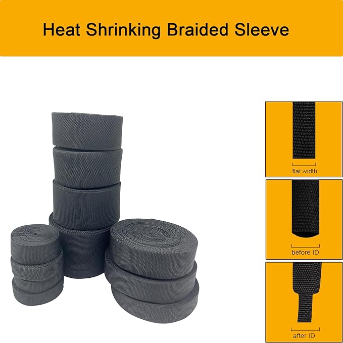Heat Shrink Braided Sleeving 2:1 Shrinkable Fabric Cable Sheathing Wire Tubing Management Abrasion Protectors Flexibility 3/4" ID-24FT