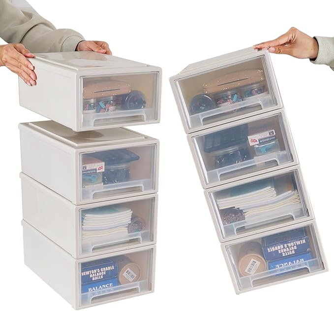12 Quart Stackable Storage Drawers, Plastic Stacking Drawer, 4 Packs