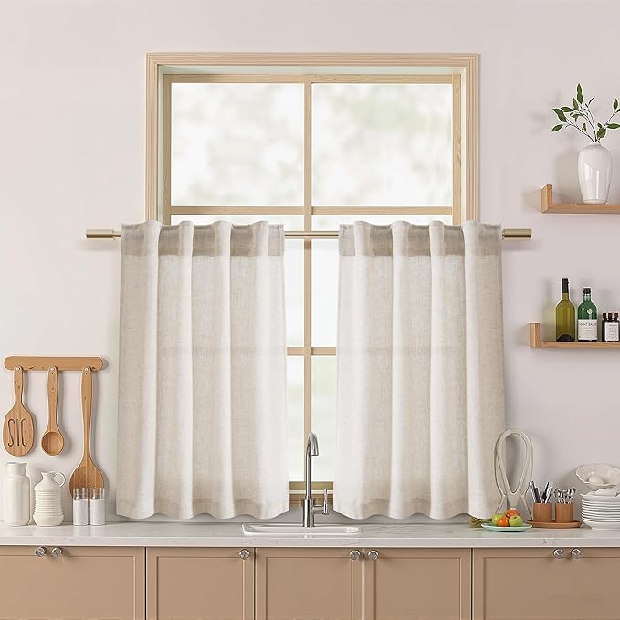 Nanspring Kitchen Curtains Linen 36 Inch Length Beige Farmhouse Small Cafe Curtains Semi Sheer Back Tab and Rod Pocket Drapes for Basement Short Window Curtain 26 x 36 Inch, 2 Panels