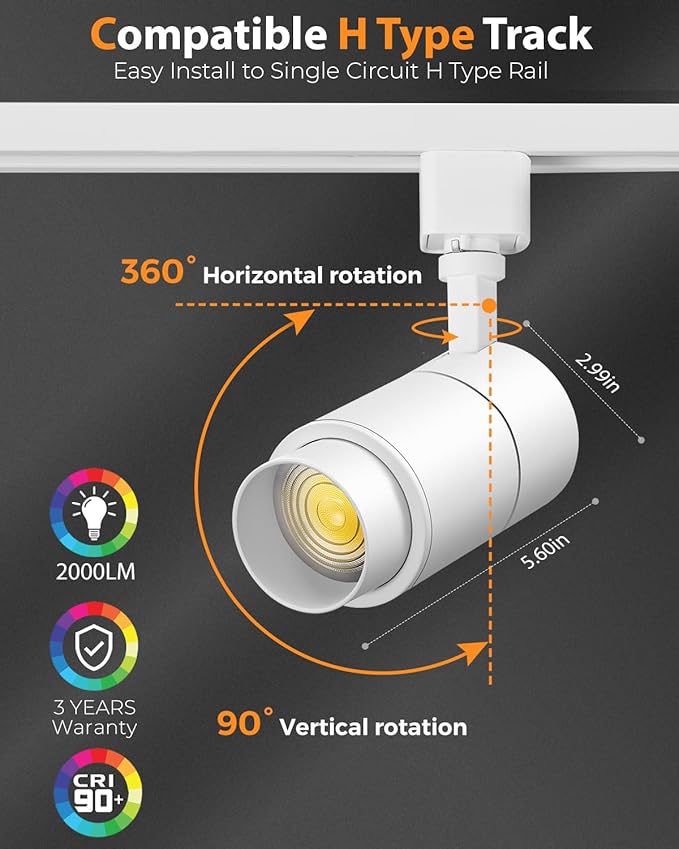 VANoopee 3-Color Zoomable 20W LED Track Lighting Heads H Type Track Light Heads Dimmable Bright Ceiling Spotlight Fixtures for Kitchen, 3000K 4000K 5000K Adjustable, CRI90+ 15°-60° 2000lm White 3 Pack