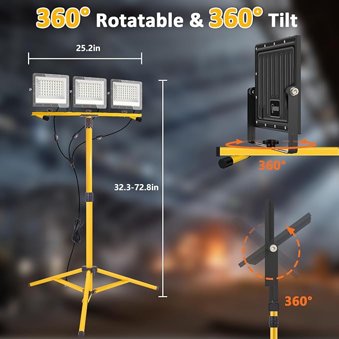 27000 Lumen LED Work Lights on Stand - 3 Head Portable Tripod Work Light- IP65 Waterproof Construction Lights with Stand for Outdoor Indoor Job Site Workshop Garage Commercial Flood Light with Stand
