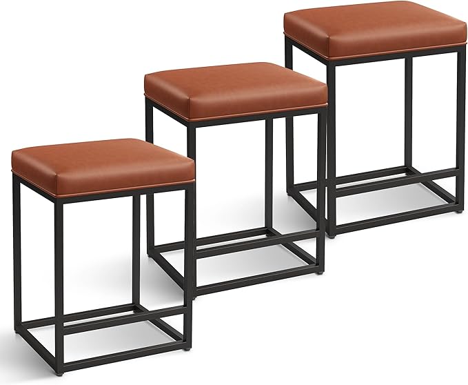 MAISON ARTS Counter Height Bar Stools Set of 3 for Kitchen Counter 24 Inch Backless Modern Barstools Industrial Upholstered Faux Leather Stools Farmhouse Island Chairs, Brown