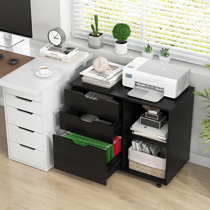 LOKO 3-Drawer File Cabinet, Mobile Printer Stand Cabinet with Adjustable Shelf, Rolling Lateral Filing Cabinet with Wheels for Letter, A4, Legal Size, for Home Office Organization (Black)