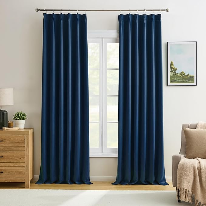 Navy Blue Curtains 102 Inches Long 2 Panels Set, Pinch Pleated Thermal Insulated Blackout Room Darkening Curtain for Living Room,Window Draperies with Hooks(Navy Dark Blue,40x102-inch)