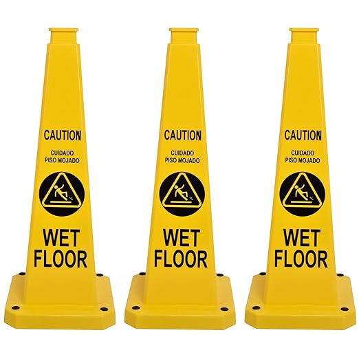 OrangeStar 3-Pack 28" Wet Floor Caution Cones, Yellow 4-Sided Bilingual Warning Message Safety Traffic Cones with Heavy Rubber Base for Indoor/Outdoor Use