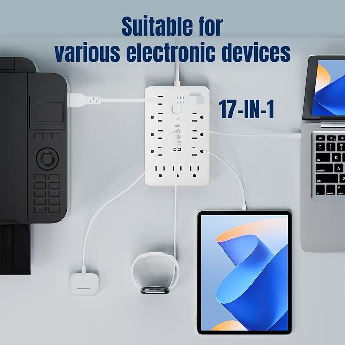 5 FT Flat Plug Surge Protector Power Strip,11 Multiple AC Outlets with 6 USB Ports (2 USB C), 5 Feet Extension Cord, 1250W/10A, One Touch Switch Button, 17 in 1 Compact powerstrip-White