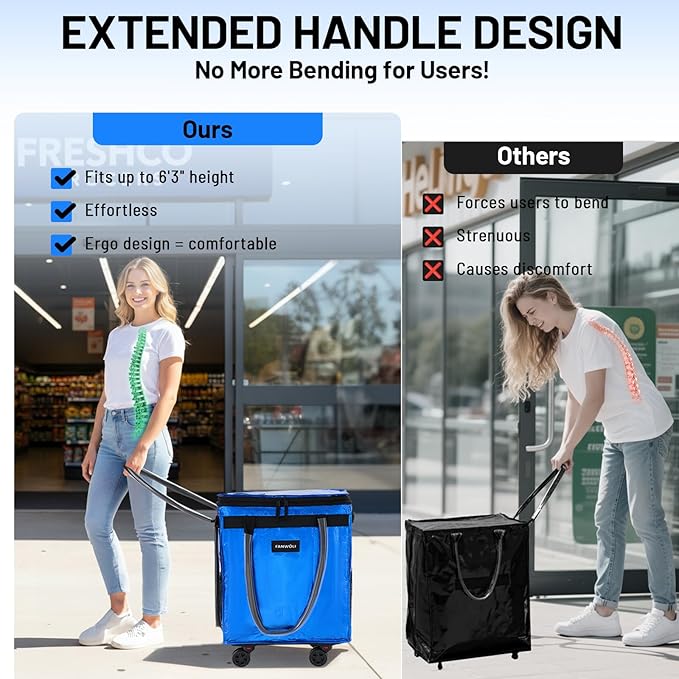 (Medium) Fanwoli Reusable Grocery Bag on Wheels with Upgraded Wrinkle-Resistant Fabric | Enhanced Stability Wheels & Extended Handle | Foldable Shopping Trolley for Laundry, Carries Up to 66 L