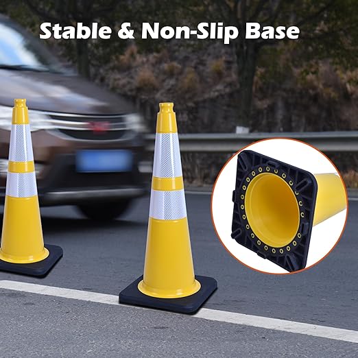 6 Pack 28 Inch Yellow Reflective Traffic Cones, Heavy Duty Black Base Safety Cones for Work Zones, Roadside Assistance and Maintenance Areas (6, Yellow, 28 Inch)