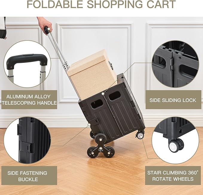Foldable Utility Cart ，Folding Shopping carts，Collapsible cart with Stair Climbing Wheels, 8 Wheel Shopping cart，Collapsible Rolling Crate with Telescoping Handle (Black, 14.96 * 14.96 * 31.3)