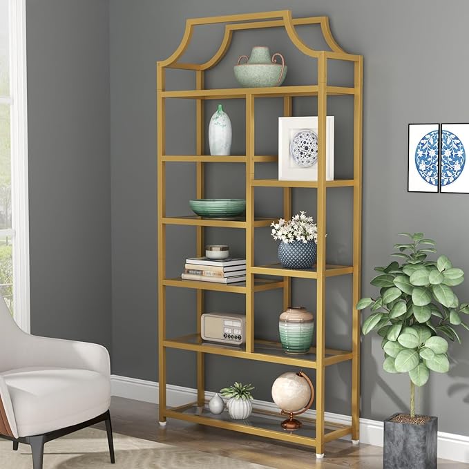 Loomie 8-Open Shelf Bookshelf, 70.87" H x 31.5" L Lux Etagere, Tempered Glass Bookcase, Tall Storage Display Modern Open Book Case for Bedroom, Home Office & Living Room, Gold Finish & Glass Shelving