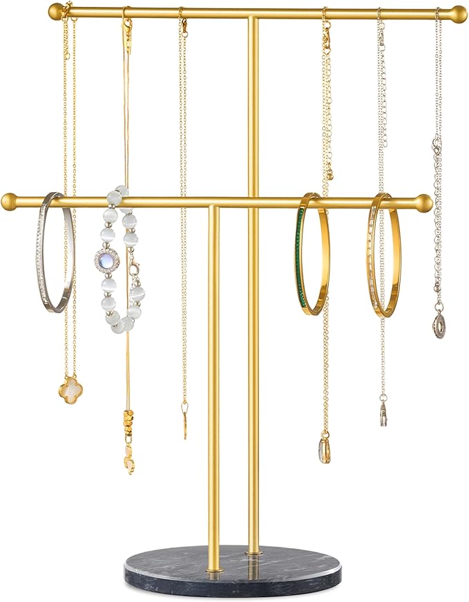 pickpiff Necklace Holder Stand: 2 Tier Jewelry Organizer with Marble Base, Gold Jewelry Tree Display for Bracelets, Rings, Earrings, Gold and Black