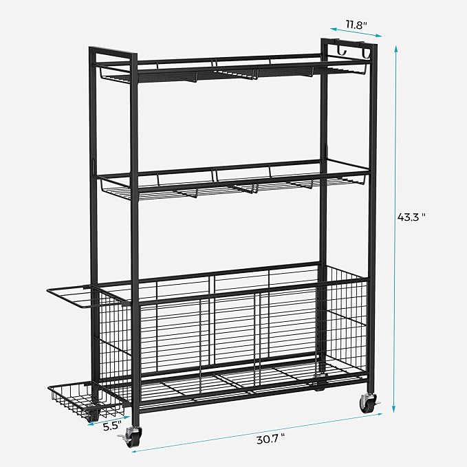 Large Garage Sports Equipment Organizer with Wheels, 3-Tier Ball Storage Rack for Basketballs, Soccer Balls & Sports Gear, Outdoor Sports Organizer with Bat Holder & Hooks, Toy Storage Bin