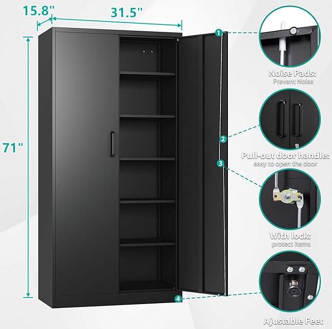 SISESOL Metal Storage Cabinet with Lock and 5 Adjustable Shelves,Lockable Garage Storage Cabinet,71" Black Steel File Cabinets with Locking Doors,Tool Cabinets for Home,Office,Garage