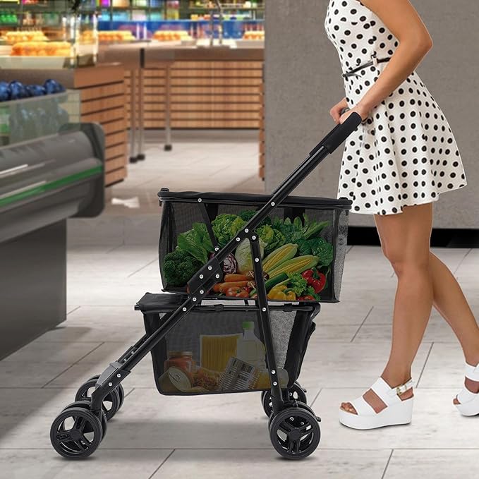 Foldable Shopping Cart, 110lbs Grocery Stroller with Removable Basket, Portable Personal Collapsible Cart with Wheels, Snack Storage Utility Cart for Supermarket Living Room Grocery