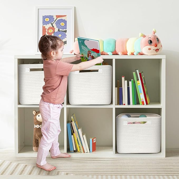 Shelf Woven Storage Basket, 15 x 10 x 9” Closet Rope Baskets For Organizing, Square Bins with Handles, White 1 Pack