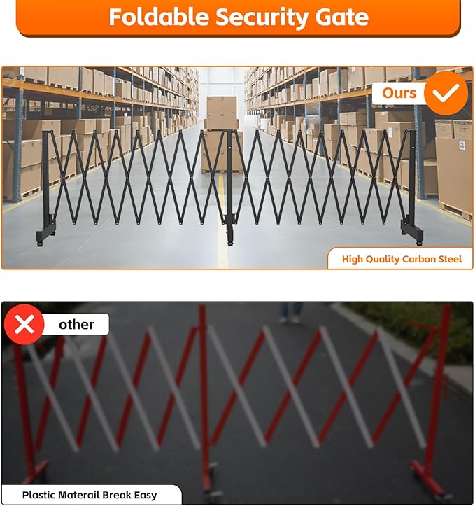 12.2FT Black Industrial Metal Expandable Barricade，Retractable Traffic Fence with Casters, Folding Security Gate，Portable Barricade Gate for Construction Area, Traffic Control, Cordon