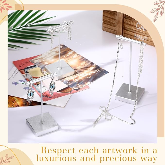 Kigeli 6 Pack Metal T Bar Earring Display Stand Retail Earring Display Holder Detachable Metal Earring Display Storage Rack Jewelry Photography Prop, Square Base, Height 4.3" and 5.1" (Silver)
