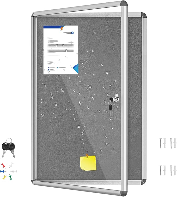 36"x24" Enclosed Bulletin Board with Locking Door, Tamper-Proof Dispaly Case, Aluminium Frame, Outdoor Bulletin Board Weatherproof, Lockable Cork noticeboard for School,Office,etc