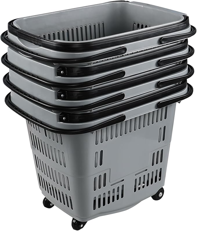 50 L Shopping Basket with Wheels and Handle, Grey Plastic Rolling Shopping Basket, 4 Packs