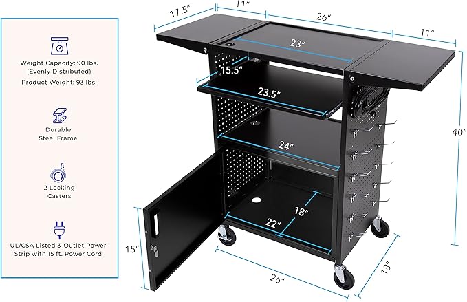 Line Leader Stellar AV Cart - Computer Cart with Customizable Pegboard & Hooks, Locking Cabinet and Tray, UL Certified Power, Mobile Workstation with Locking Wheels, Ideal for Laptop & Charger Storage