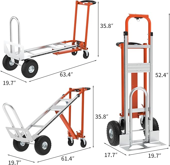 3-in-1 Folding Hand Truck, 800lbs Aluminum Convertible Hand Truck, Dolly for Moving,Heavy Duty Industrial Platform Cart Handtruck for Construction, Logistics, Shopping, Home, Office Moving (Orange)