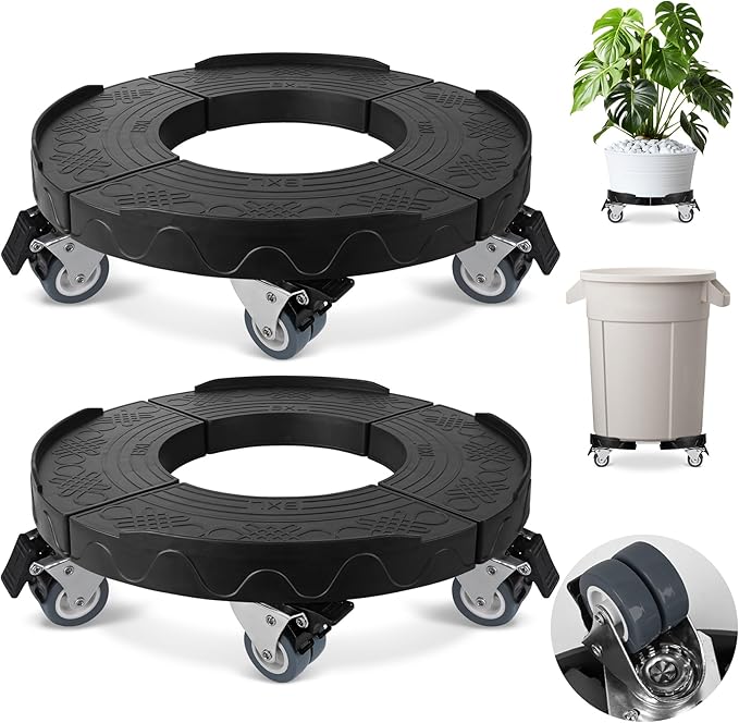 ToLanbbt Trash Can Dollies with Wheels, 15-19 in Adjustable Round Furniture Dollies Heavy Duty 440 LBS Drum Rolling Base Keg Carts for 20, 32, 44, 55 Gallon Garbage Cans, Black, 2 PCS