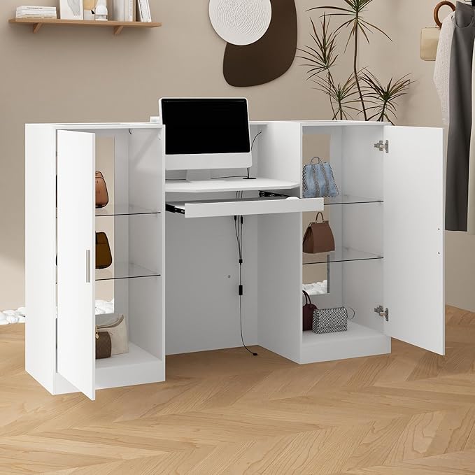 Reception Desk with Counter, 59.1 inch Front Desk with LED Light & Glass Display Shelf, Reception Room Table with Cable Grommet, Retail Counter Salon Reception for Checkout, White