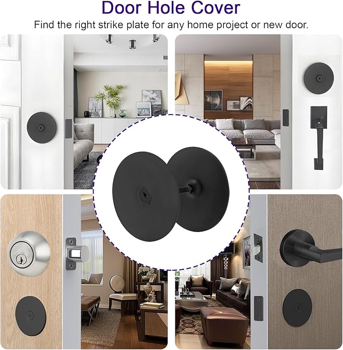 Door Hole Cover Plate Filler Plate Deadbolt Cover Plate 2-5/8" Diameter,1 Inch and 2 Inch Connecting Screws in Matt Black Finish (2 Pack)