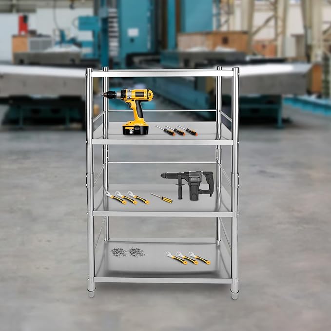 Stainless Steel Shelving, 31.5"x15.8" 4 Tier Adjustable Shelf Storage Organizer, 200lbs/Layer Heavy Duty Commercial Office Garage Storage Unit, Standing Shelf Shelving for Store & Display Good