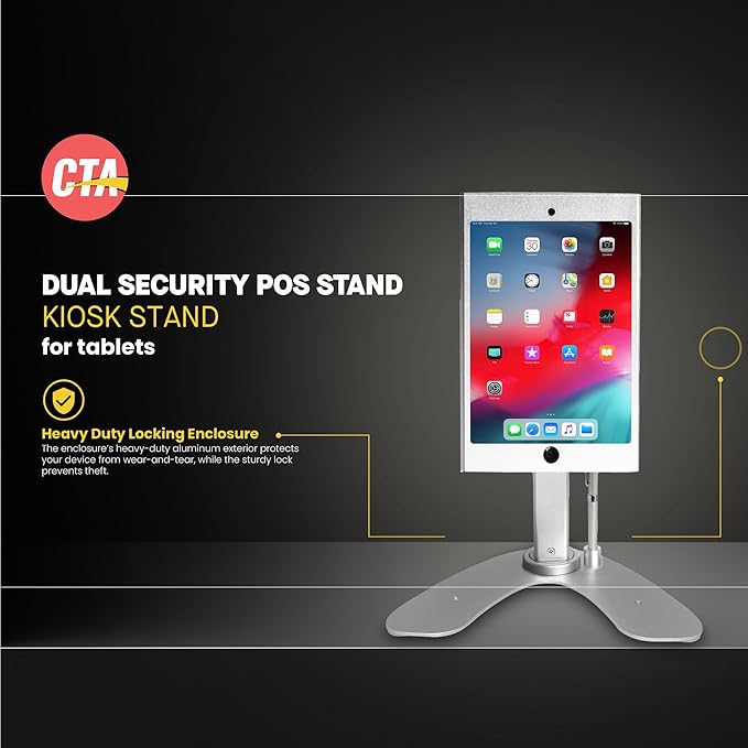 Dual Kiosk Stand- CTA Aluminum Stand with Locking Case and Cable. 360-Degree Rotating Base. Enclosure Designed for iPad mini Generations 1-5 with Access to all Ports and Buttons, Silver (PAD-ASKM)