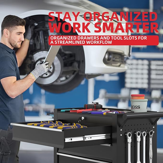 5-Drawers Garage Tool Chest, Large Capacity Tool Cabinet Heavy Duty Mechanic Rolling Tool Box Metal Locking Tool Cart with Drawers and Wheels for Storage