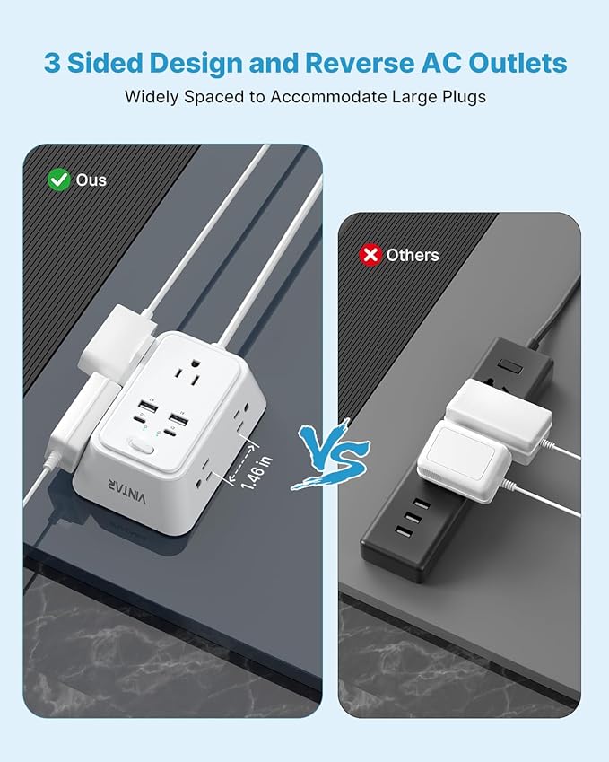 10ft Flat Plug Extension Cord, VINTAR Multi Outlet Extender with 5 Outlets and 4 USB Ports (2 USB-C), 3-Sided Wall Mount Charger, 1800J Surge Protector Power Strip for Home, Office, College Dorm