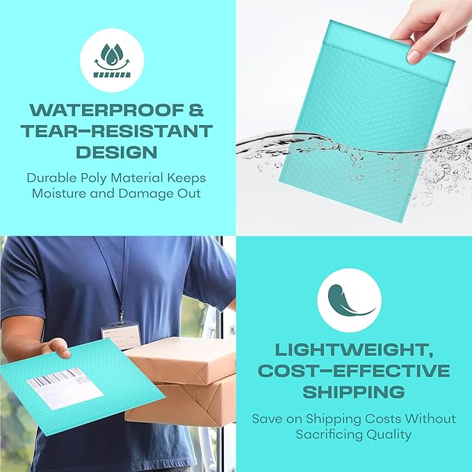 Teal Poly Bubble Mailers 7.25x12 inch #1 | Self Seal Padded Envelopes | Cushioned Bubble Mailer | Usable Size 7.25x11 | WaterProof | Lightweight mailing Shipping Bags | 100 Pack Bulk
