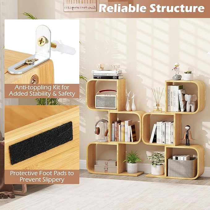 Giantex S-Shaped Bookcase, 3-Tier Bamboo Bookshelf with 3 Open Cubes, Geometric Corner Display Shelf, Decorative Storage Organizer, Floor Storage Rack for Living Room, Home Office, Natural