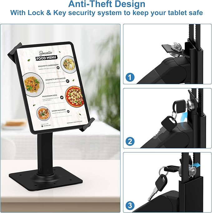 Aluminum Tablet Kiosk Stand, Anti-Theft iPad POS Locking Holder Mount for 7.9"-11" Tablets, 360° Swivel Bracket & Base, Security Countertop Desk Stand for iPad, iPad Pro/Air, Samsung Tablets