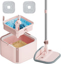 KZKR Square Spin Mop and Bucket Set with Self Separation Dirty and Clean Water System,Self Wringing 360° Rotating Mops Head for Home Floors Cleaning (2.0 mop Bucket Set with 2 Pads)