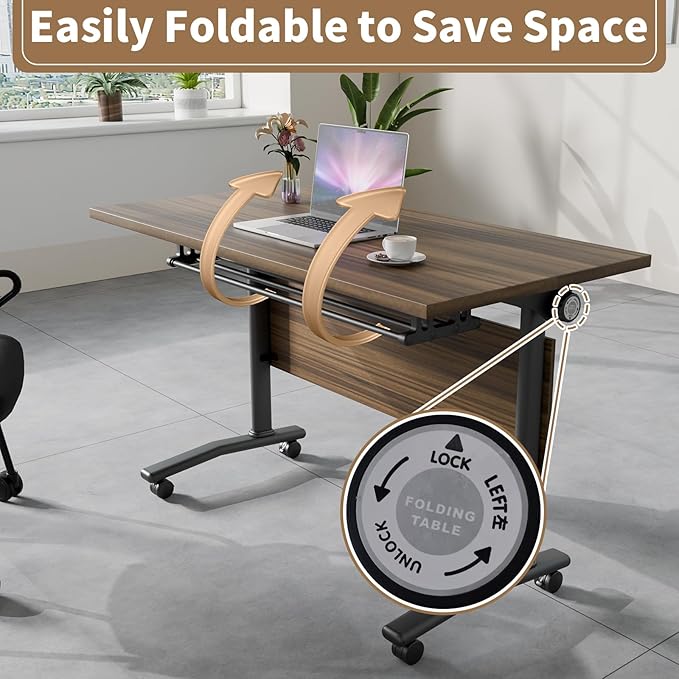 Conference Table, Modern Folding Meeting Tables with Flip Top, Mobile Podcast Table with Four Locking Wheels, Large Training Table for Meeting Room, Office, Classroom (8, A, 55.1in)