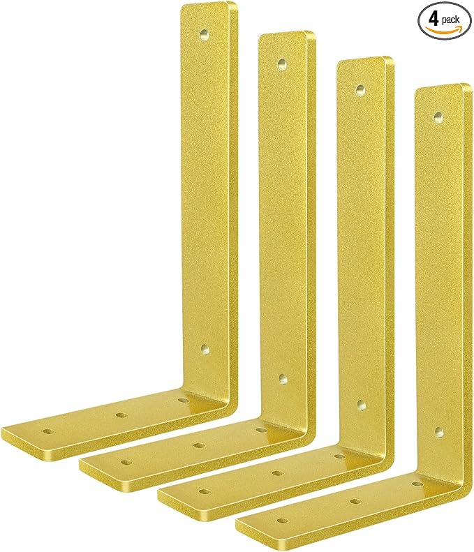 Gold Floating Shelf Bracket 12 Inch, 4 Pack Heavy Duty Shelf Brackets, Wall Shelf Bracket for DIY Decorative with Mounting Hardware