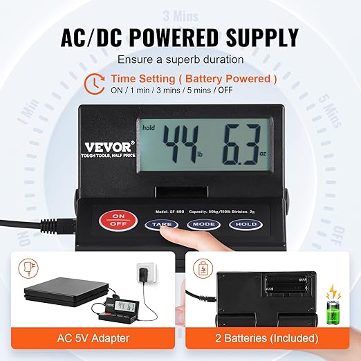 VEVOR Digital Shipping Scale, 110 lbs x 0.07 oz. Heavy Duty Postal Scale with Timer, Tare, Hold Function, 90° Foldable LCD Screen Package Scale for Laggage, Home, Post Office, AC/DC Powered, FCC Liste