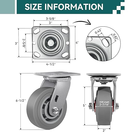 5'' × 2'' Caster Wheels, Heavy Duty Industrial Casters, Rubber Wheels with Roller Bearing, Load 700lbs per Swivel Caster for Cart Dolly Toolbox Trolley (2 Swivel)