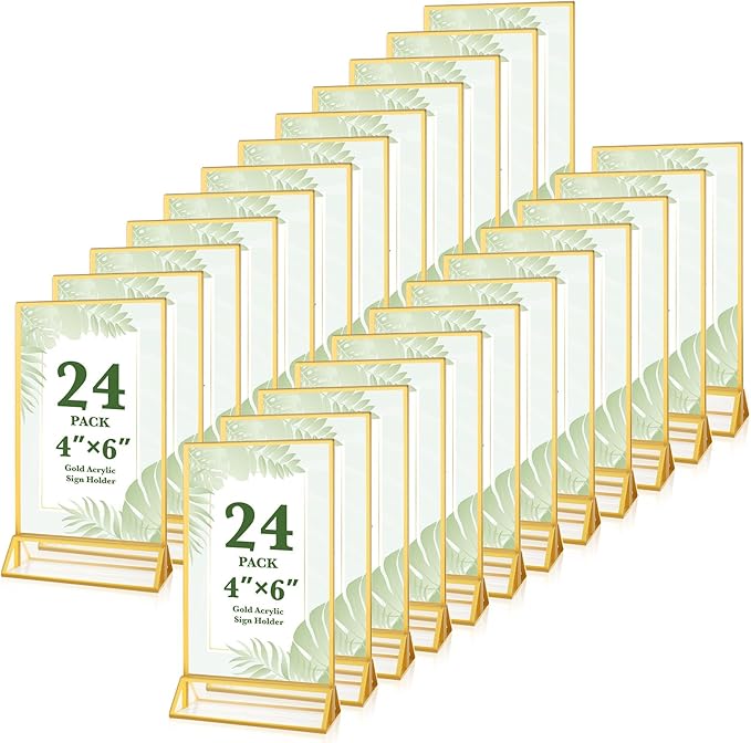 24 Pack Gold Acrylic Sign Holders 4x6, Double Sided Vertical Stand Clear Picture Frame Stands, Wedding Table Number Holders, Menu Flyer Display Stands for Party, Home, Office, Restaurant