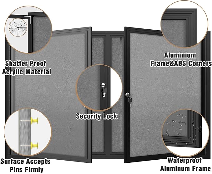 Mifuro 48"x30" Enclosed Bulletin Board, Outdoor Lockable Weather-Resistant Aluminum Cork Noticeboard for School & Office, Black Frame w/Grey Flet