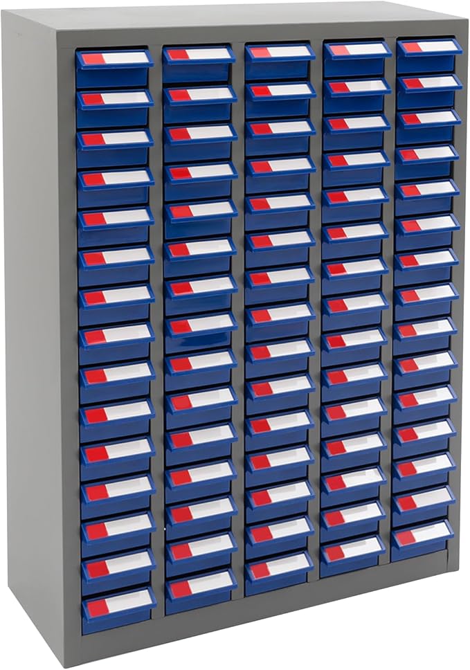 75 Drawer Parts Cabinet,Metal Tool Cabinet with Each Drawer 5.5 Lbs Load ,Bolt and Nut Tool Storage Box with Hooks , Material Cabinet for Hardware Stores, Warehouses, Car Repair Shops(Grey & Blue )