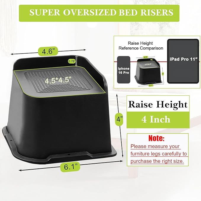 Bed Risers 2 inch, 3 inch, 4 inch, 6 inch, 8 inch Heavy Duty, Oversized Furniture Riser for Couch Sofa Table Chair Leg Frame Dorm, Support up to 6000 Lbs (Black 4 Pack, 4 inch)