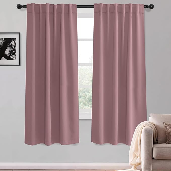 KGORGE Bedroom Blackout Curtains 63 inch Length 2 Panel Set, Privacy Light Blocking Thermal Insulation Noise Reducing Drapes for Nusery Office Living Room, W52 x L63 inches, Dusty Rose